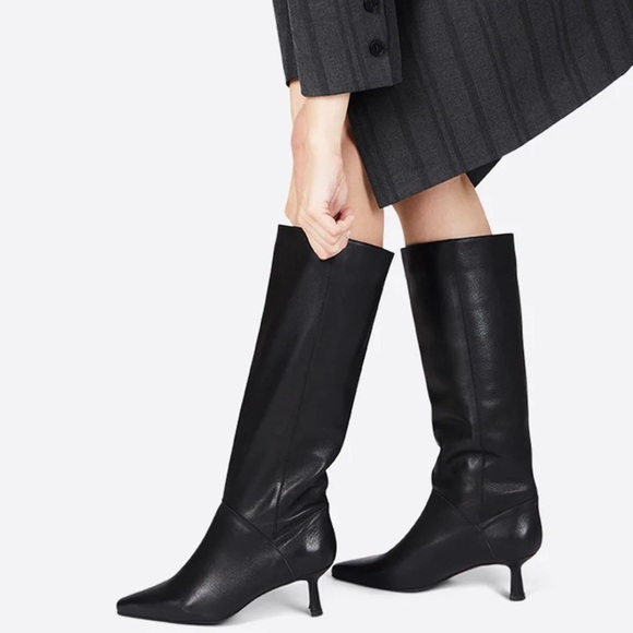 New Intentionally Blank Eff Knee High Boot Black Low Pin Heel Leather